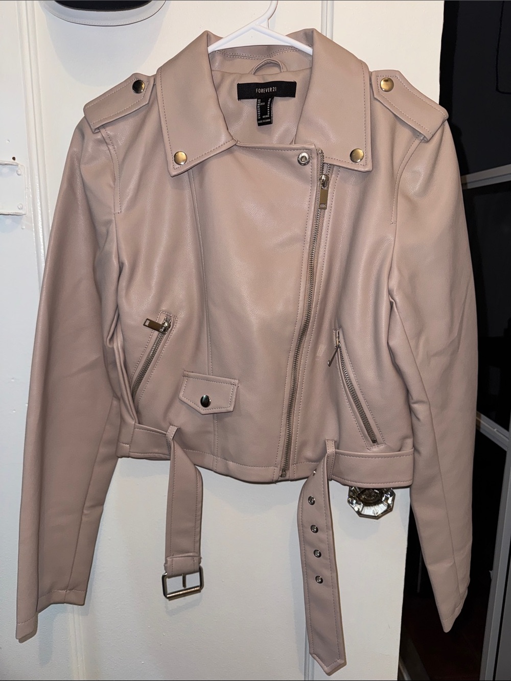 Forever 21 Dusty Pink Faux Leather Moto Jacket with Belt